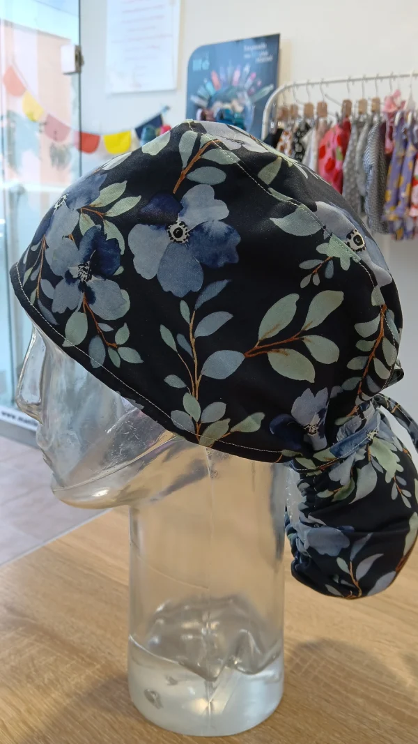 Χειροποίητο σκουφάκι Premium Ponytail Satin Lining "Μπλε Πανσές" - Image 3