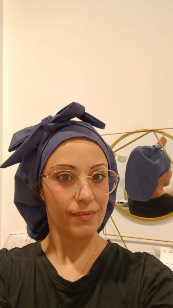 Χειροποίητο σκουφάκι 3 σε 1: Euro Style/ Ponytail/ Bonnet Navy - Image 2